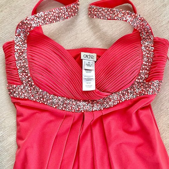 Cache Pink Dress Coral Beaded Sequin Silk Maxi Prom Dress Classic Elegance - Picture 12 of 13